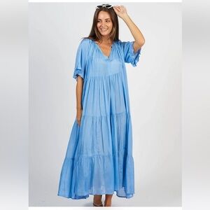 Naudic Amisha Short Sleeve Maxi Dress in Cornflower Blue Ruffle Tiered Small